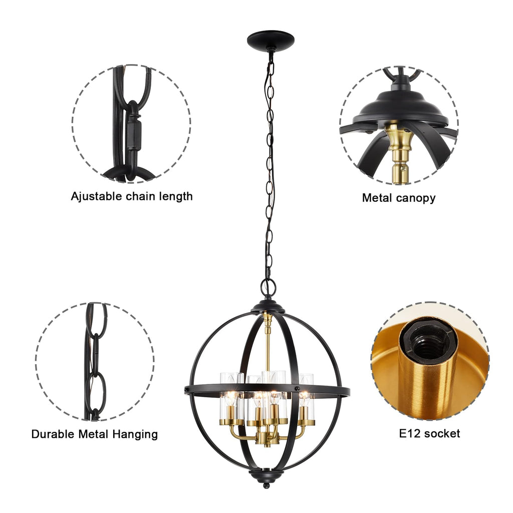 Rustic Chandelier, 17" Black and Gold Finish Glass Cover Luxurious Hanging Light, 4-Light Globe Vintage Pendant