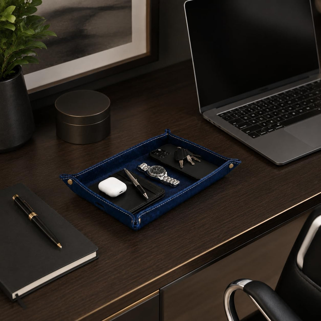 Leather Valet Tray for Men - Double Layer Genuine Leather Catchall EDC Tray for Keys, Wallet, Phone & Watch - Mens