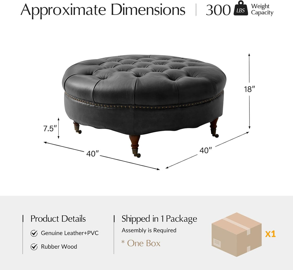 40" Genuine Leather Coffee Table with Rolling Wheels, Black | Large Round Button Tufted Coffee Table with Solid Wood