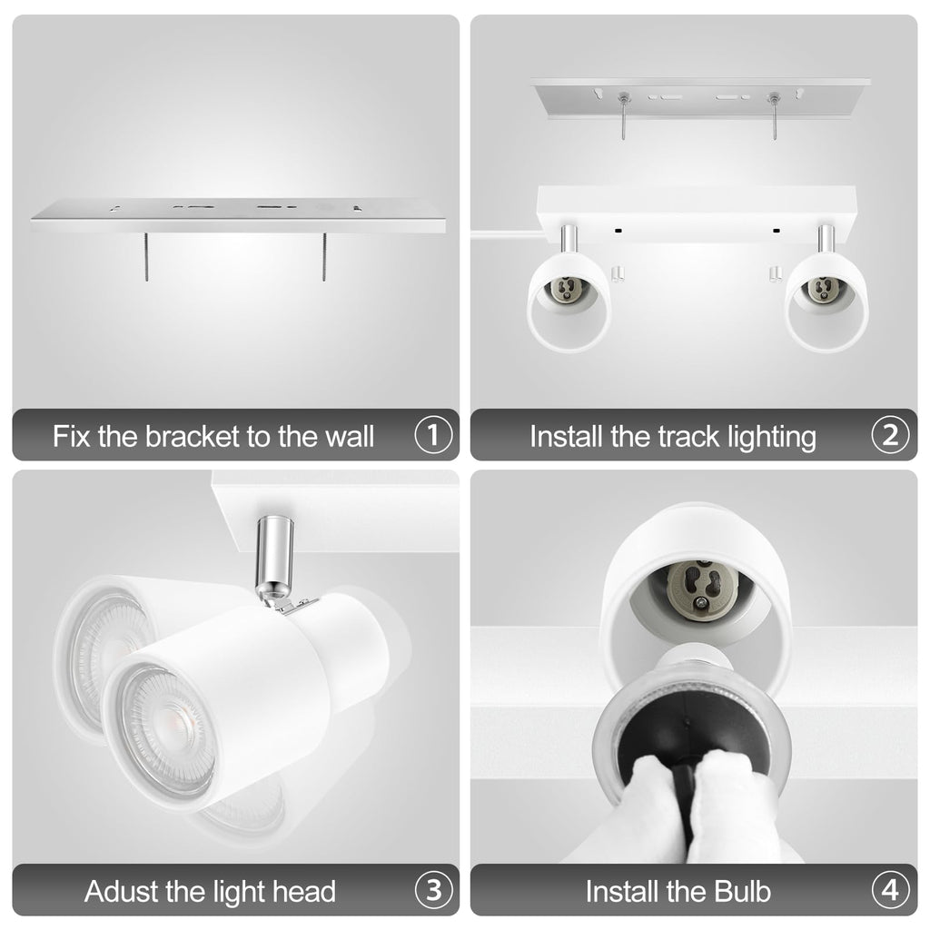 Plug in Track Lighting Fixtures Ceiling, White Track Light LED, 2-Light Track Lights with Cord, 2 Way Ceiling
