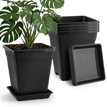 Plant Pots 10 Inch Set of 5, Large Square Plastic Planter with Drainage & Saucer, 5 Gallon Thick Outdoor Garden Pots