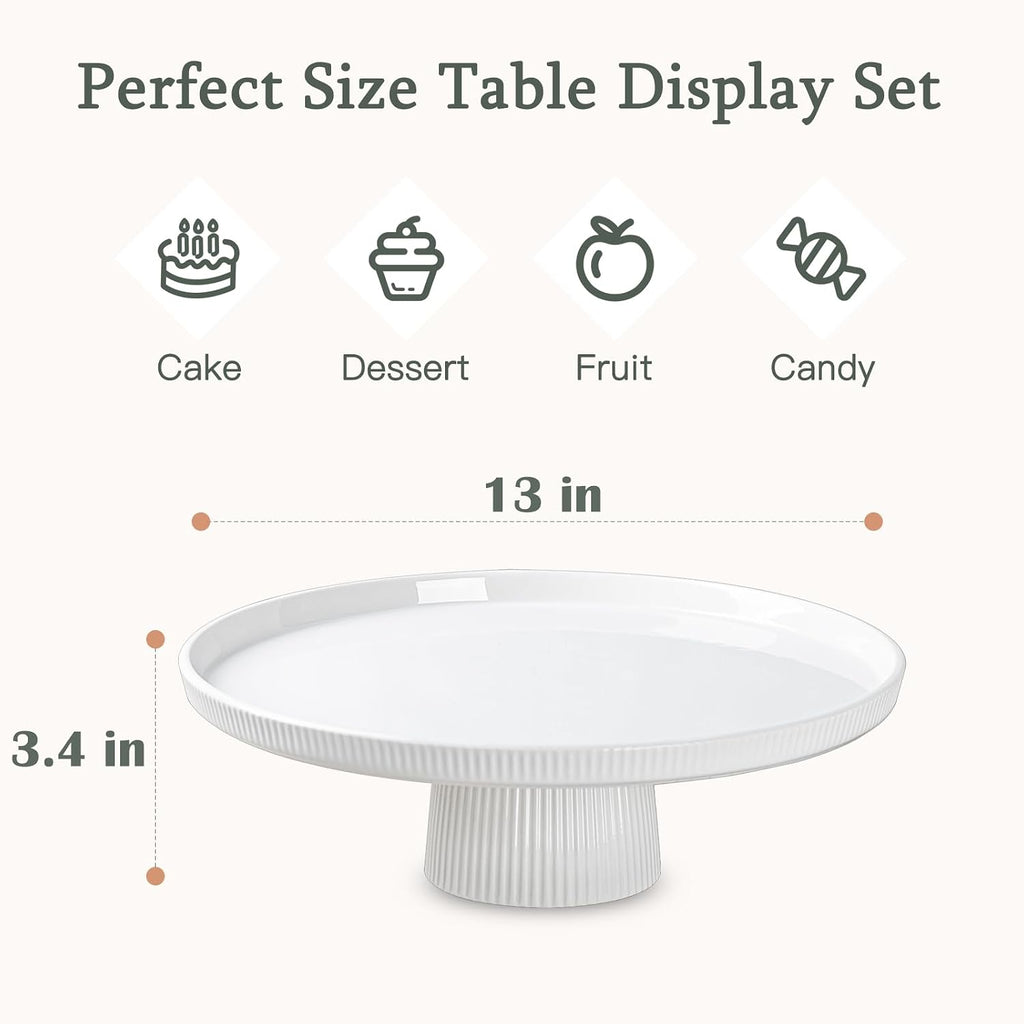 13 Inch Ceramic Cake Stand with Pedestal - White Round Cake Plate for Dessert Table Display, Elevated Cupcake Stand