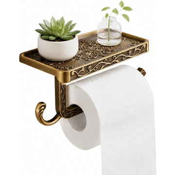 Antique Brass Toilet Paper Holder with Shelf & Hook, Toilet Tissue Holder