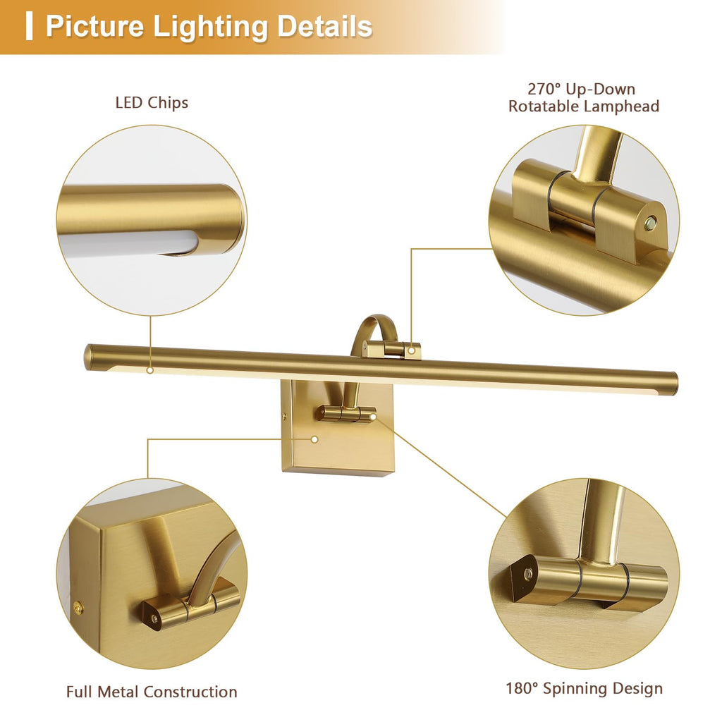 Brass Picture Lights for wall Hardwired LED Picture Frame Light Dimmable Painting Lights for Wall Portrait Artwork