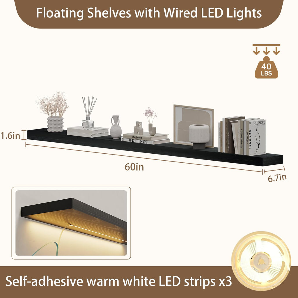60 Inch Floating Shelves with Led Lights Set of 3, Black