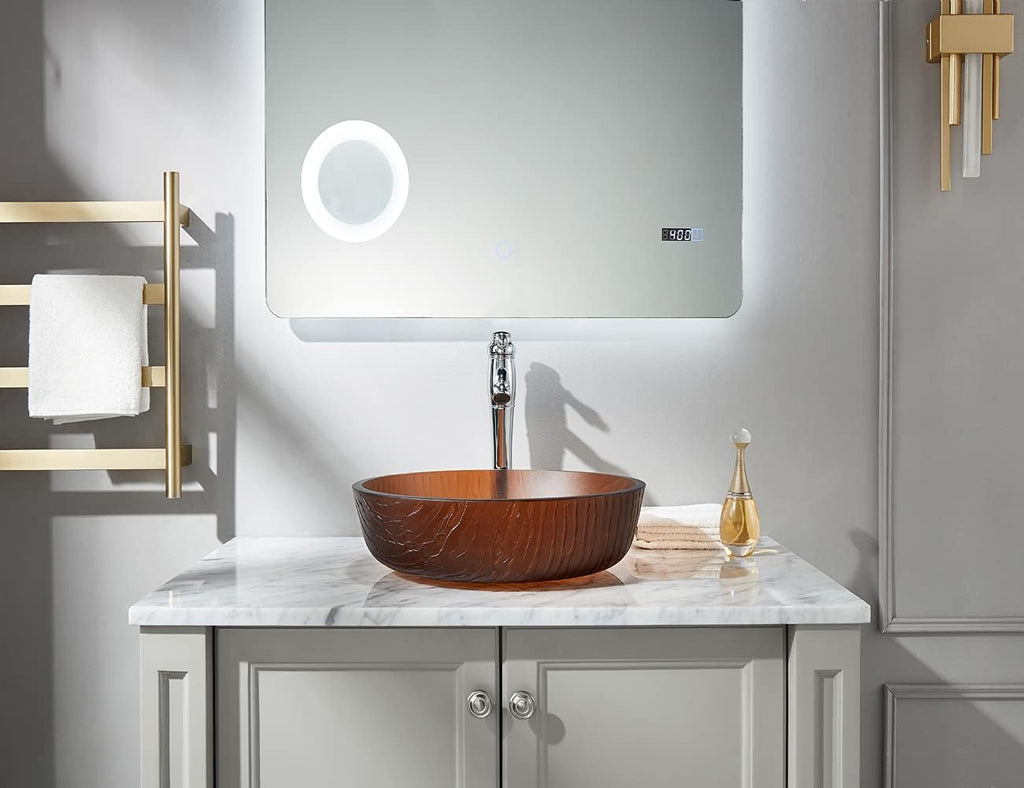 Littel Rock Series Tempered Deco Bathroom Glass Vessel Sink in Tea Matt | Top Mount Sinks Above Vanity Countertop |