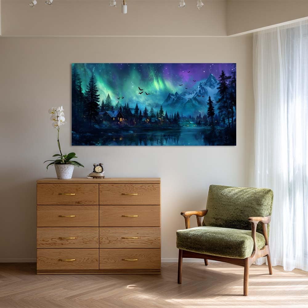 A Borealis Northern Lights Canvas Wall Art Mountain Landscape Cabin Painting Flat Print Gallery Wrapped Night Sky