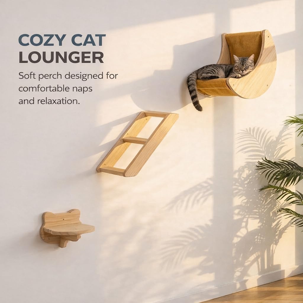Cat Wall Shelves Set, Solid Wood Moon Bed, Perch & Stair for Climb and Rest