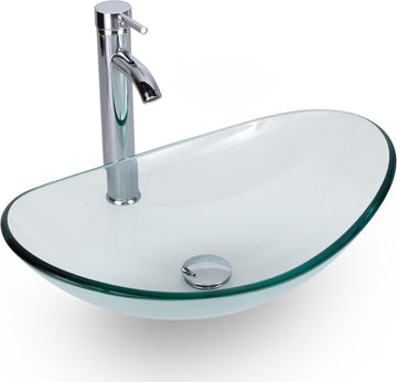21.5" Bathroom Vessel Sink Modern Artistic Single Clear Boat Tempered Glass Basin Countertop Bowl Sink for Lavatory Vanity Cabinet, W/Water Save Faucet Pop Up Drain (A29TT)