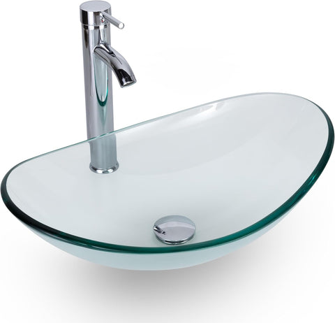 Eclife 21.5" Bathroom Vessel Sink Modern Artistic Single Clear Boat Tempered Glass Basin Countertop Bowl Sink for