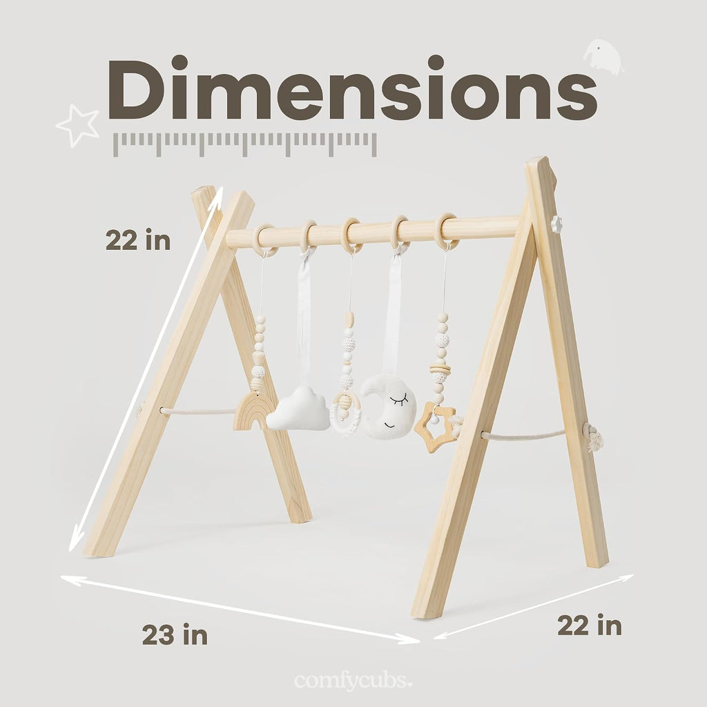 Wooden Baby Play Gym - Natural Finish Pinewood Baby Activity Gym with 5 Sensory Hanging Toys - Easy No-Tool Assembly