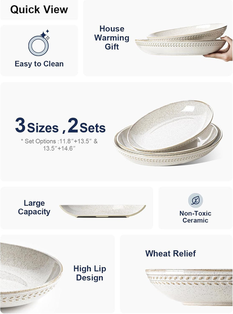 Ceramic Serving Bowls Set of 2, Large Oval Serving Dishes for Entertaining, 11.8 & 13.5 Inch Salad Bowl Counter