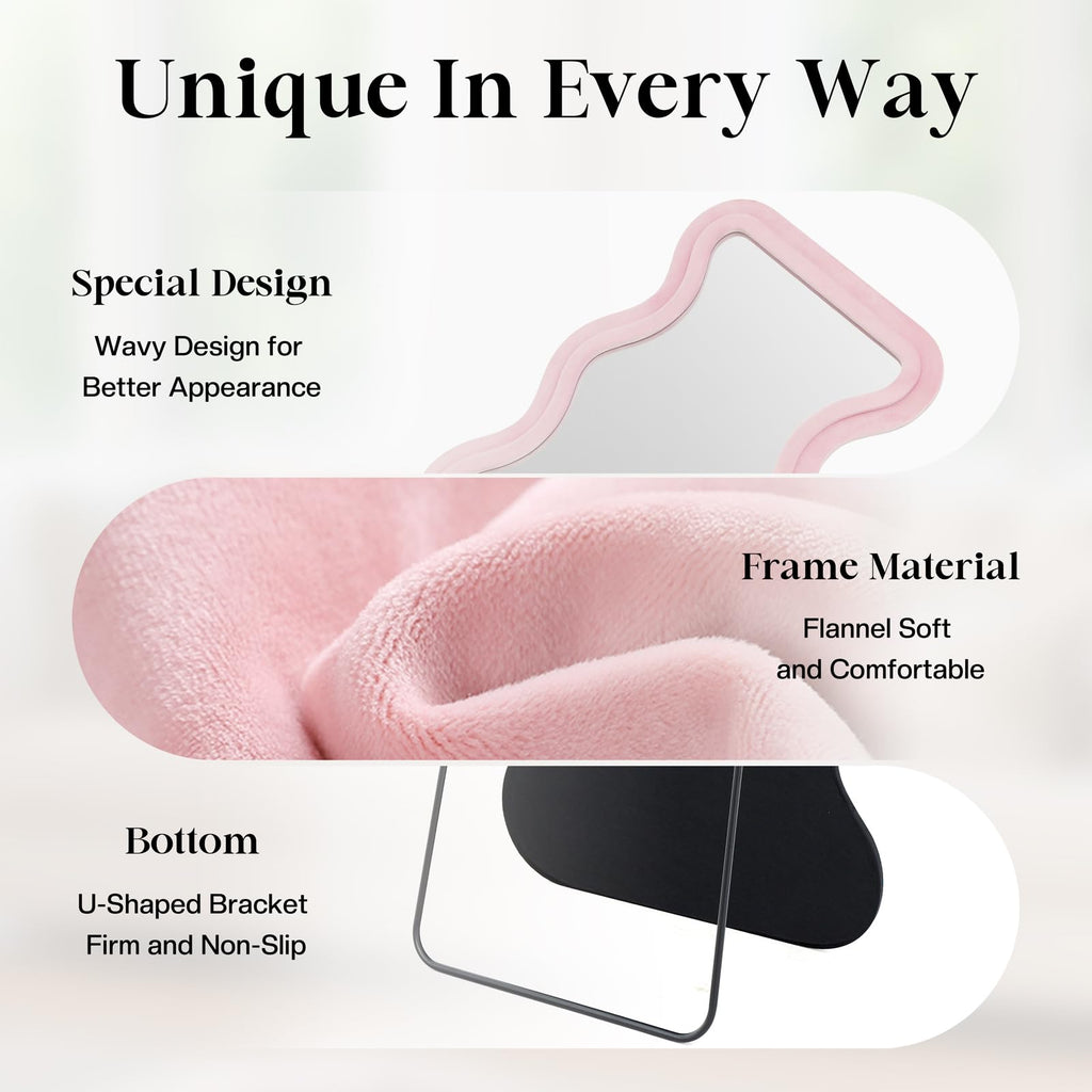 Irregular Wavy Full Length Mirror - 63"x24" Floor & Wall Mounted Mirror with Stand - Pink Flannel Wrapped Wooden Frame