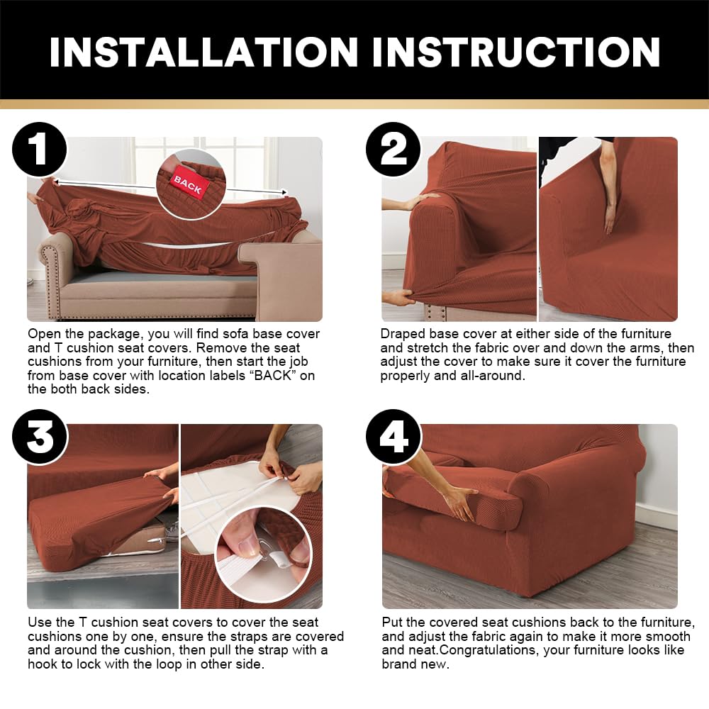 T Cushion Loveseat Slipcover - 3 Pieces Sofa Cover for 2 Cushion Couch with 2 Individual T Shape Seat Covers Width Up