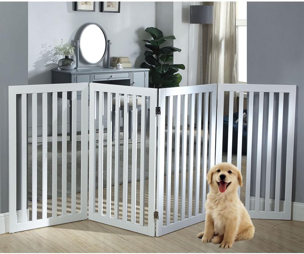 36"H Free Standing Pet Gate for Dog, Tall Wooden Dog Gate, 80" Wide