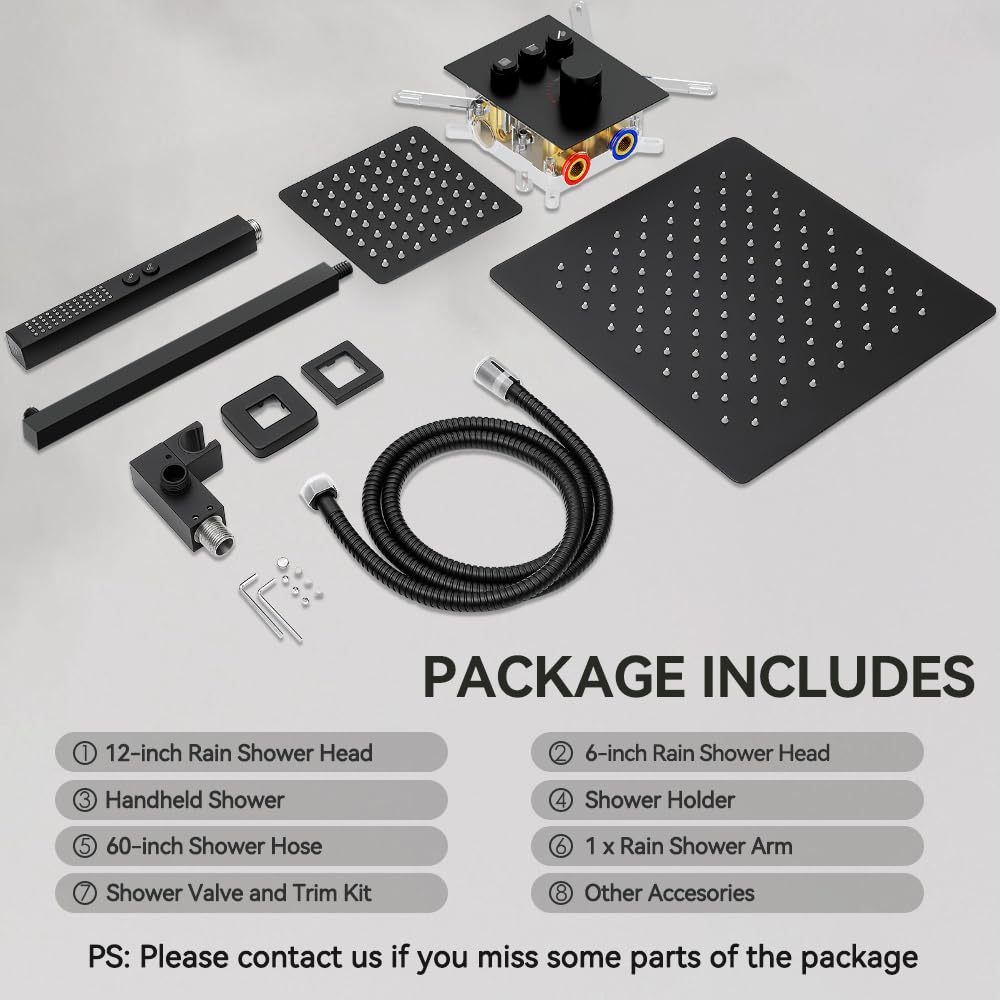 Thermostatic Shower System Matte Black, Shower Faucets Sets 12+ 6" Wall Mount Rain Shower and 2 in 1 Handhled, Can