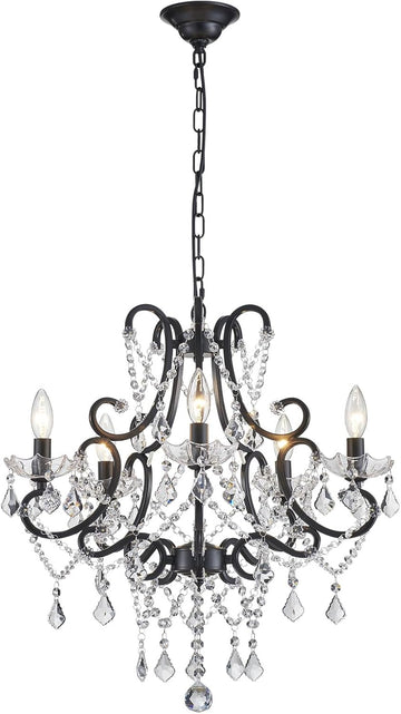 Mini Crystal Chandelier, 5-Light Modern Black Chandelier for Dining Room Light Fixture, Crystal Pendant Ceiling Light Fixture, Modern Candle Chandelier for Living Room Kitchen Island Entryway Bedroom