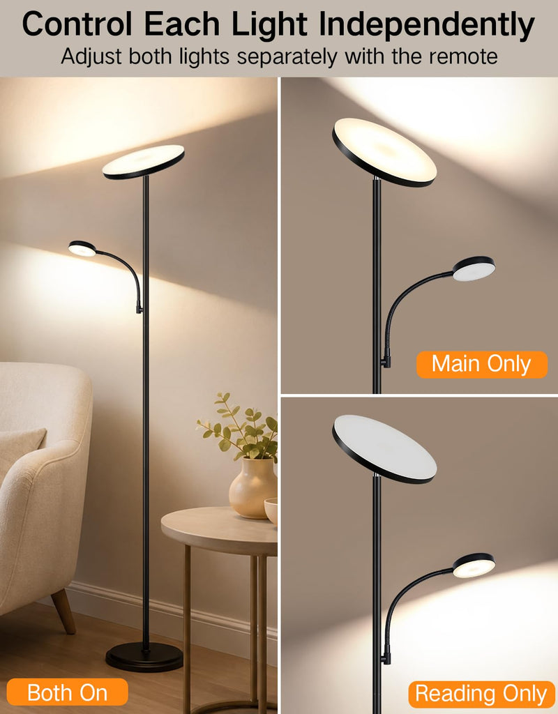 LED Torchiere Floor Lamp with Reading Light, Dimmable Standing Lamp