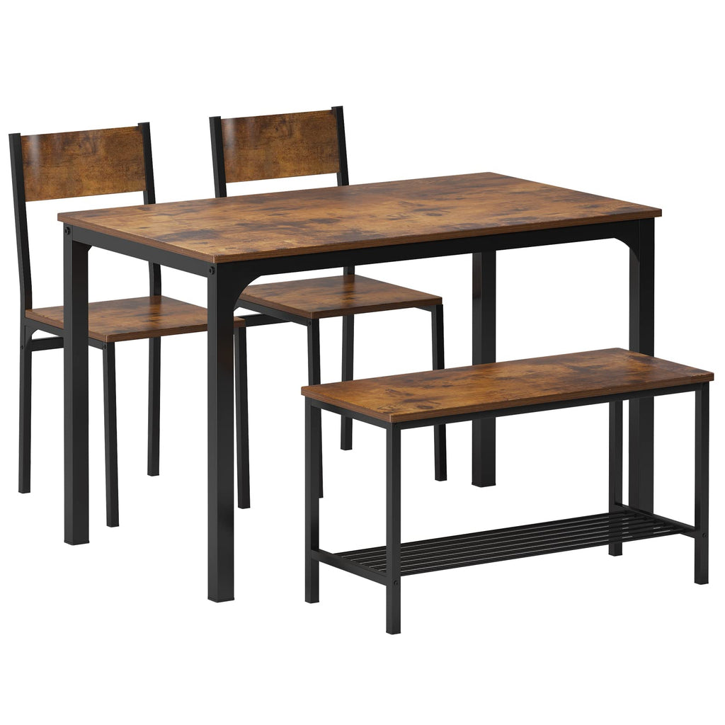 Dining Table Set, Two Chairs and One Bench 4 Pieces Set Wooden Table Top with Metal Legs for Breakfast Room, Dining