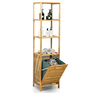 4 Tier Bamboo Shelves with Tilt Out Laundry Hamper, Freestanding Storage Shelf with Laundry Basket, Tower Hamper