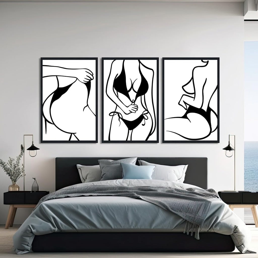 3 Sets Minimalist Woman Framed Canvas Wall Art Sexy Girl Figure Black White Line Posters Wall Decor Abstract Female