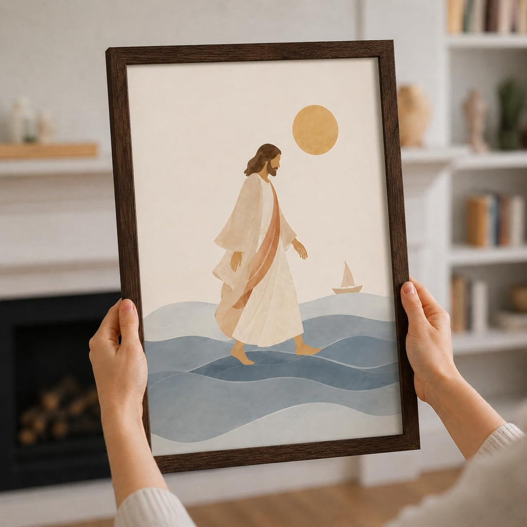 Framed Jesus Walking on Water Canvas Wall Art, Minimalist Christian Faith Wall Decor, Neutral Biblical Ocean Print