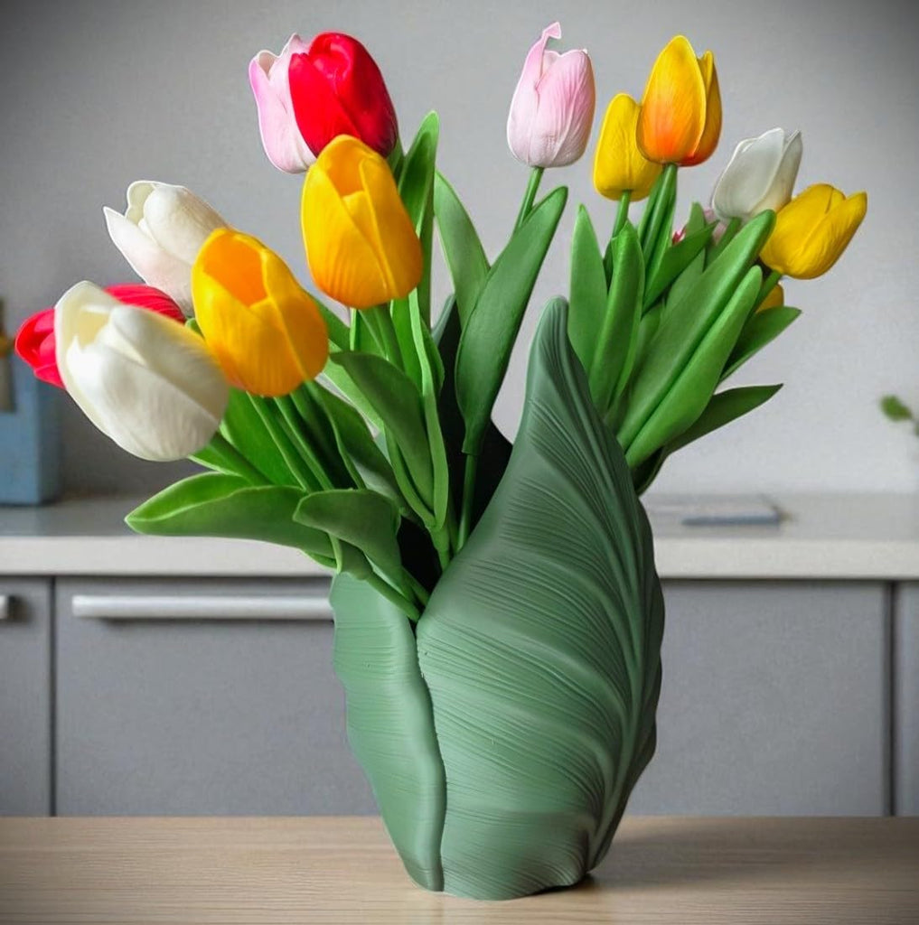 Modern Leaf Vase - 9.5" Flower Pot Table Decor, Unique Boho 3D Printed Sculptural Planter, Aesthetic Home Office