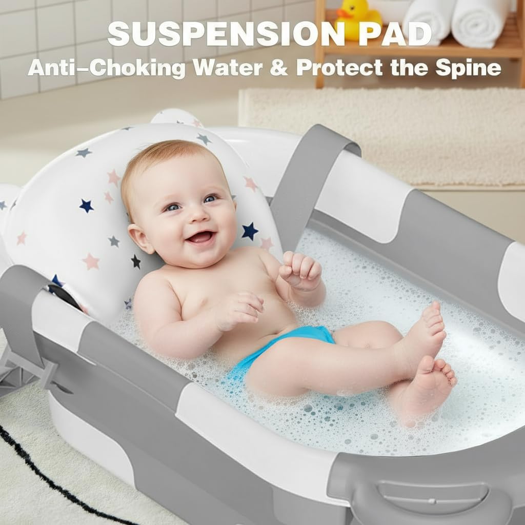 Collapsible Baby Bathtub, Baby Bath Tub with Soft Cushion & Real-Time Thermometer, Baby Bathtub Infant to Toddler Tub