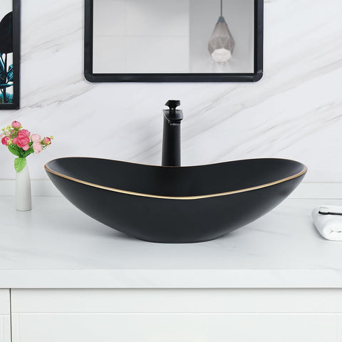 Davivy 24.5'' X 13.8'' Large Matte Black Oval Vessel Sink with Pop Up Drain,Bathroom Sinks Above Counter,Black Vessel
