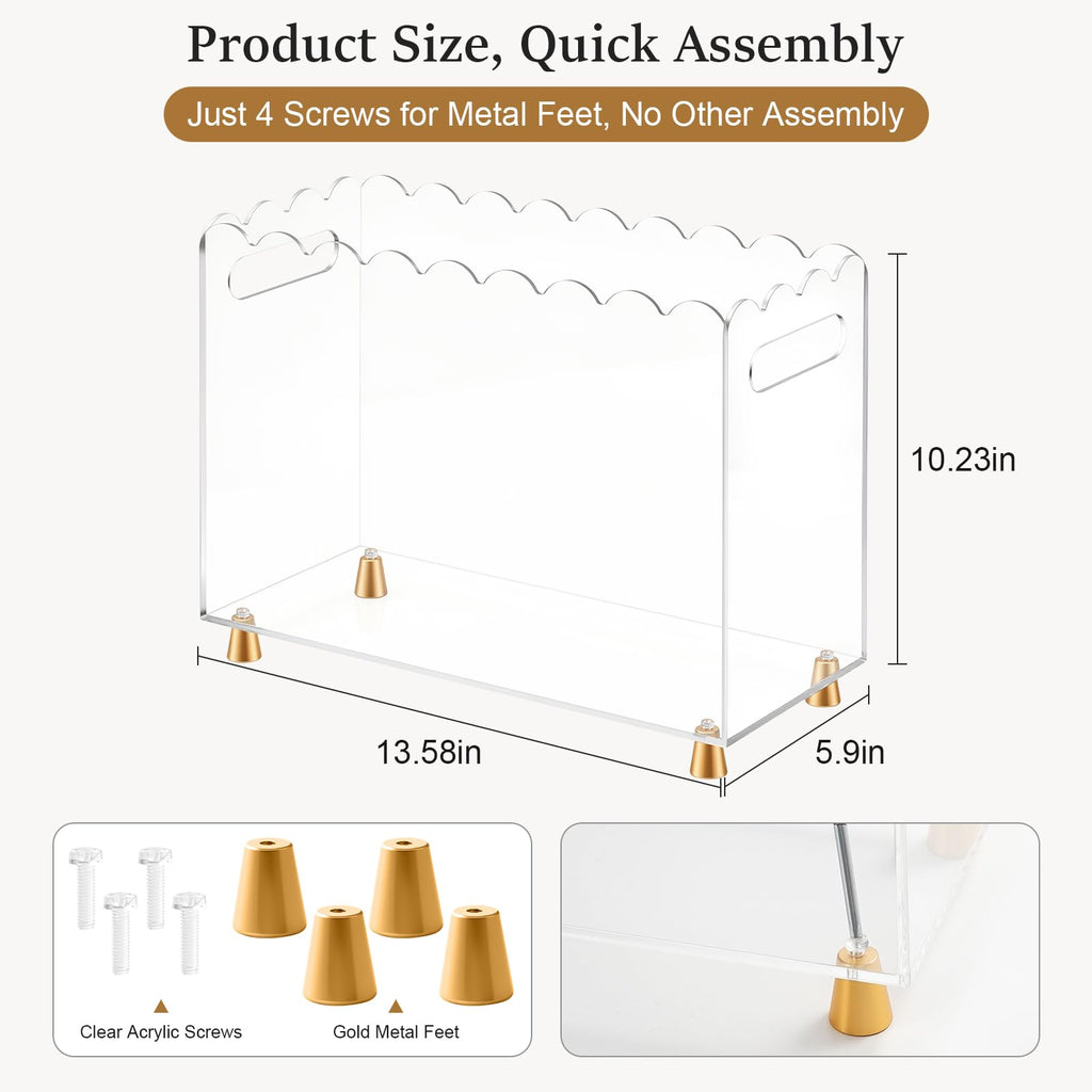 Acrylic Vinyl Record Holder, Vinyl Record Storage with Luxe Gold Metal Feet and Scalloped Edge Design, Portable