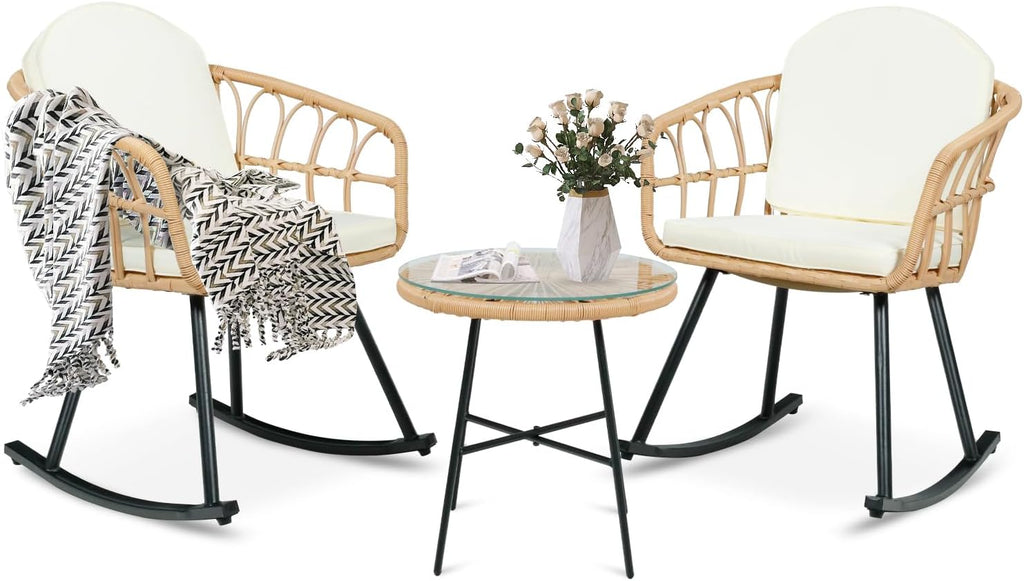 3 Pieces Rocking Chairs Set - Outdoor Wicker Rattan Rocking Chairs with Thickened Cushions, Boho Patio Furniture