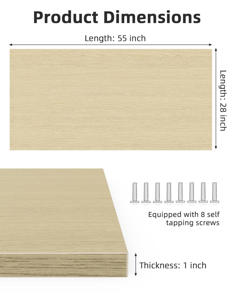 Universal 55 x 28 One-Piece Solid Wood Table Top, 1" Thick Desktop for Stand Up Height Adjustable Desk Frames, Home