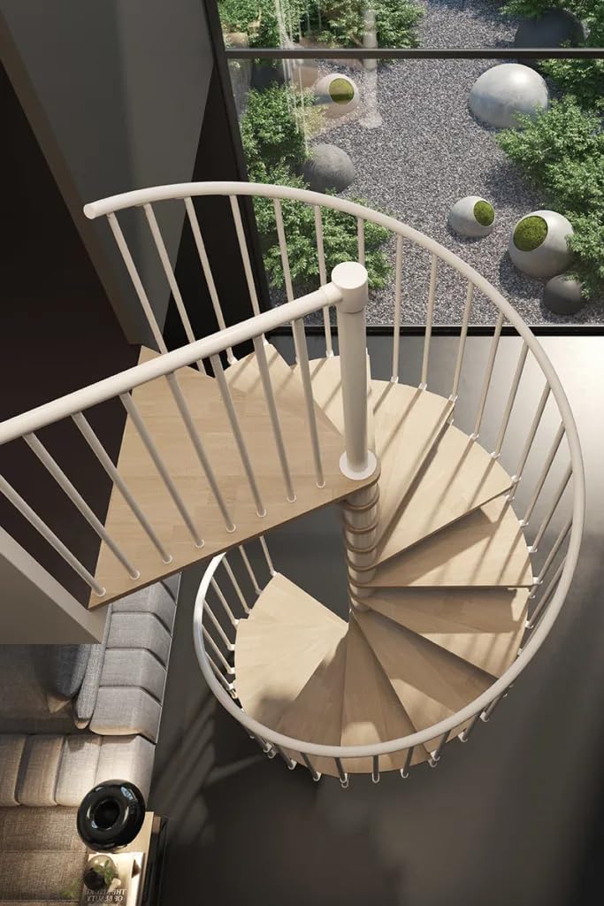 Italian Indoor Spiral Staircase Beech Wood Step 40mm Thick 9 Colors, PVC Handrail & Steel Railing Spacers in 3 Colors
