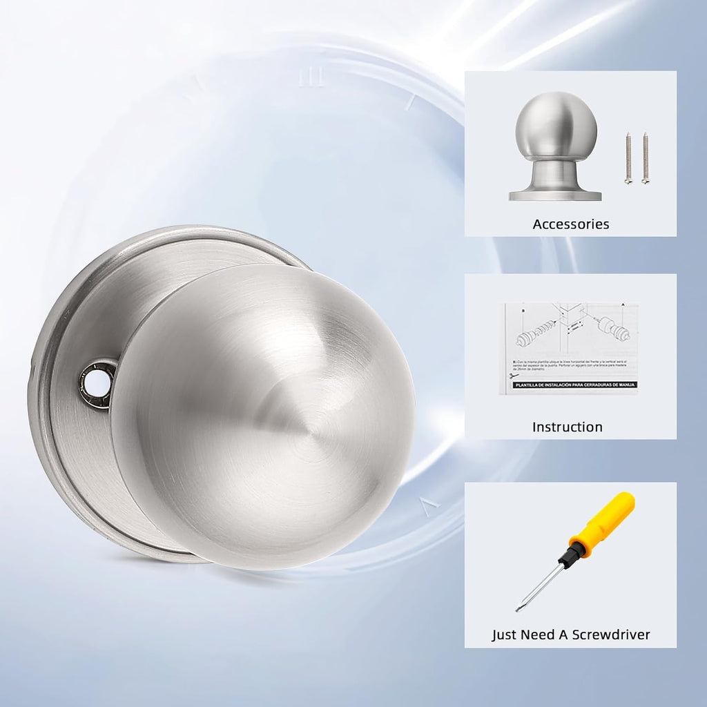 Brushed Nickel Dummy Door Knobs, Interior Single Sided Door Knob for Closet and Hallway Doors, Keyless Non-Turning