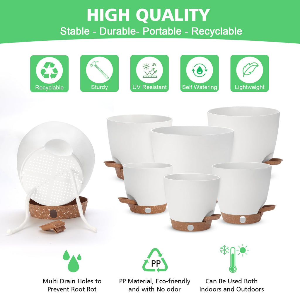 Self Watering Planter with Visual Water Level, 6Pack Small Plastic Pot Set with Drainage Holes and Reservoir Saucers