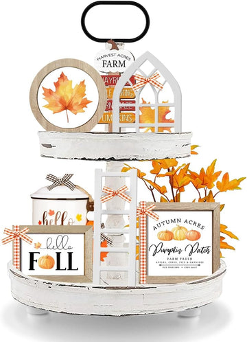 10themes Interchangeable Seasonal Rustic Farmhouse Fall Tiered Tray Decor