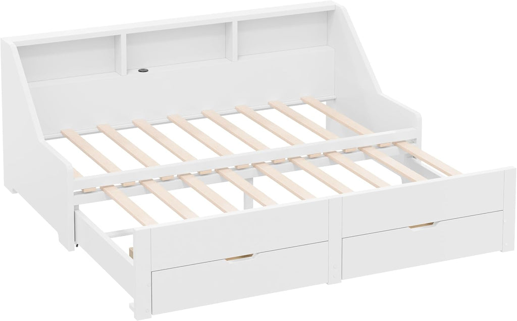 Wood Twin to King Daybed, Twin Size Day Bed with Pop Up Trundle & Storage Drawers, Modern Corner Bed Frame with