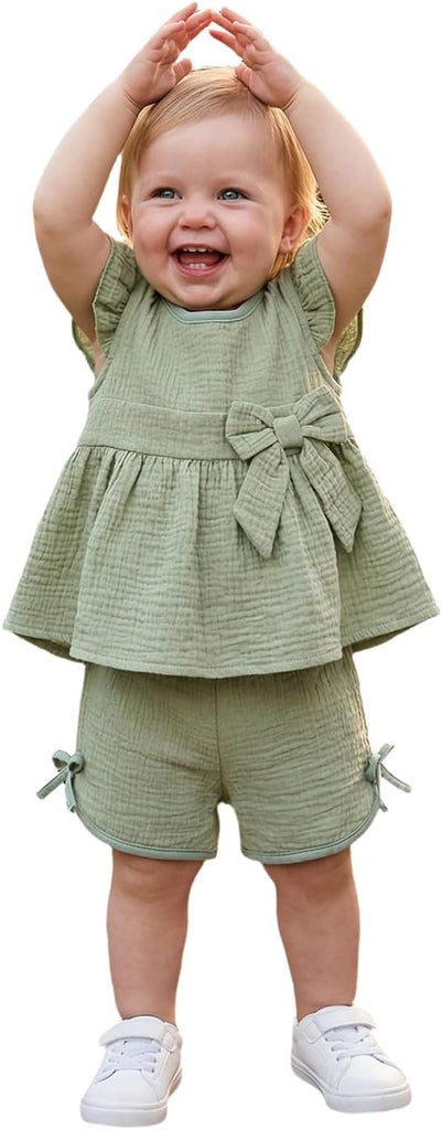 Toddler Baby Girl Summer Clothes Fly Sleeve Solid Color Tops and Shorts Sets 2 Piece Infant Outfits