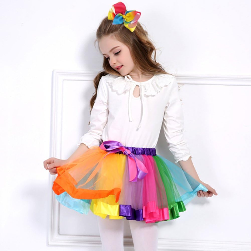 Layered Ballet Tulle Rainbow Tutu Skirt for Little Girls Dress Up with Colorful Hair Bows