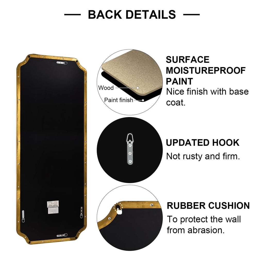 18" x 48" Full Length Wall Mirror, Large Brushed Gold Bathroom Mirror for Wall, Scalloped Corner Rectangle Body