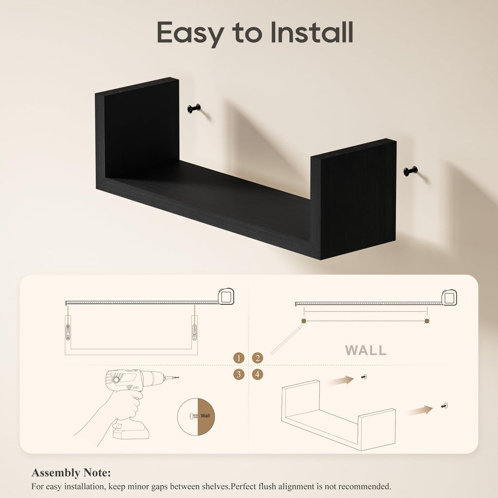 Black Floating Shelves, Set of 5 Solid Wood Wall Mounted Shelves