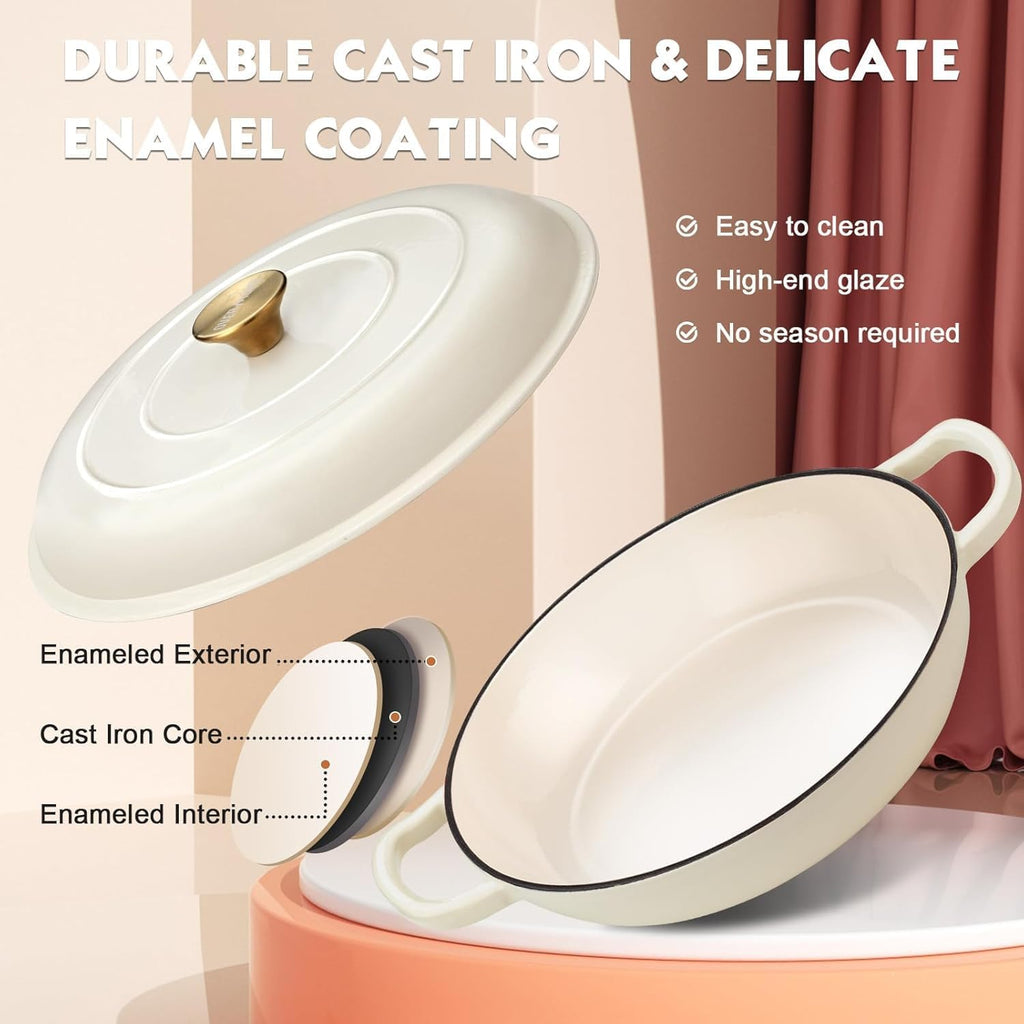 Enameled Cast Iron Dutch Oven - 3.8 QT Shallow Braiser with Recipe | Enameled Casserole with Lid Potholders, Oven