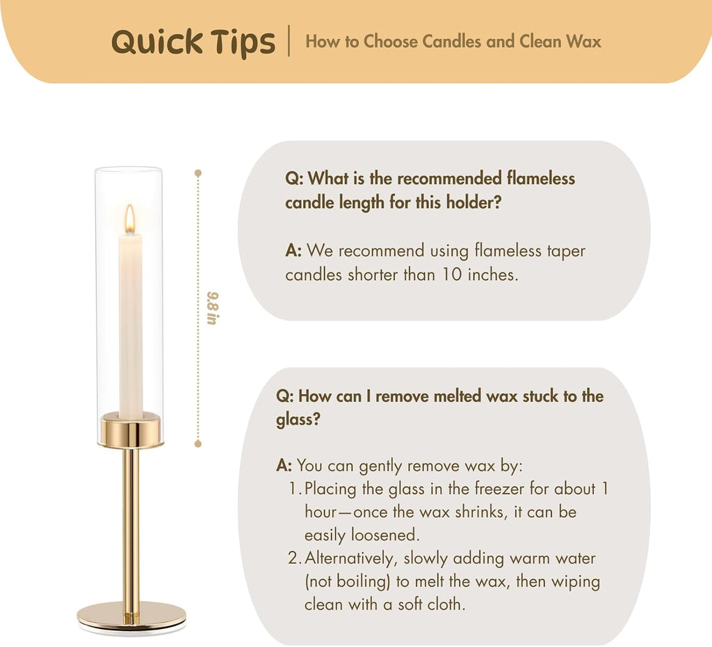 Gold Hurricane Glass Candle Holders Set of 6 Brass Taper Candlestick Holder | Windproof Flameless Candle Holder, Tall