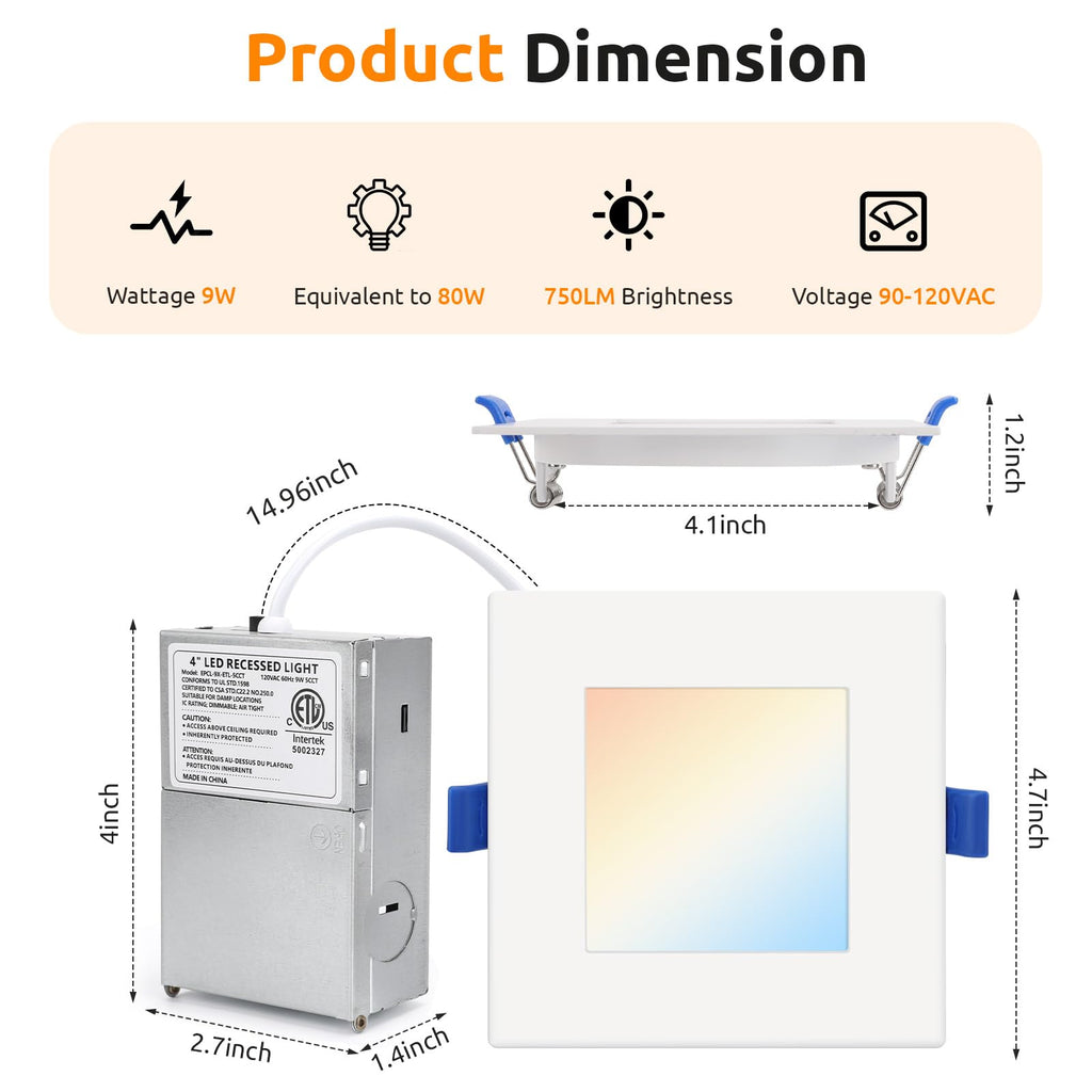 4 Inch Square LED Recessed Lighting 12 Pack, 5CCT, 9W, Dimmable