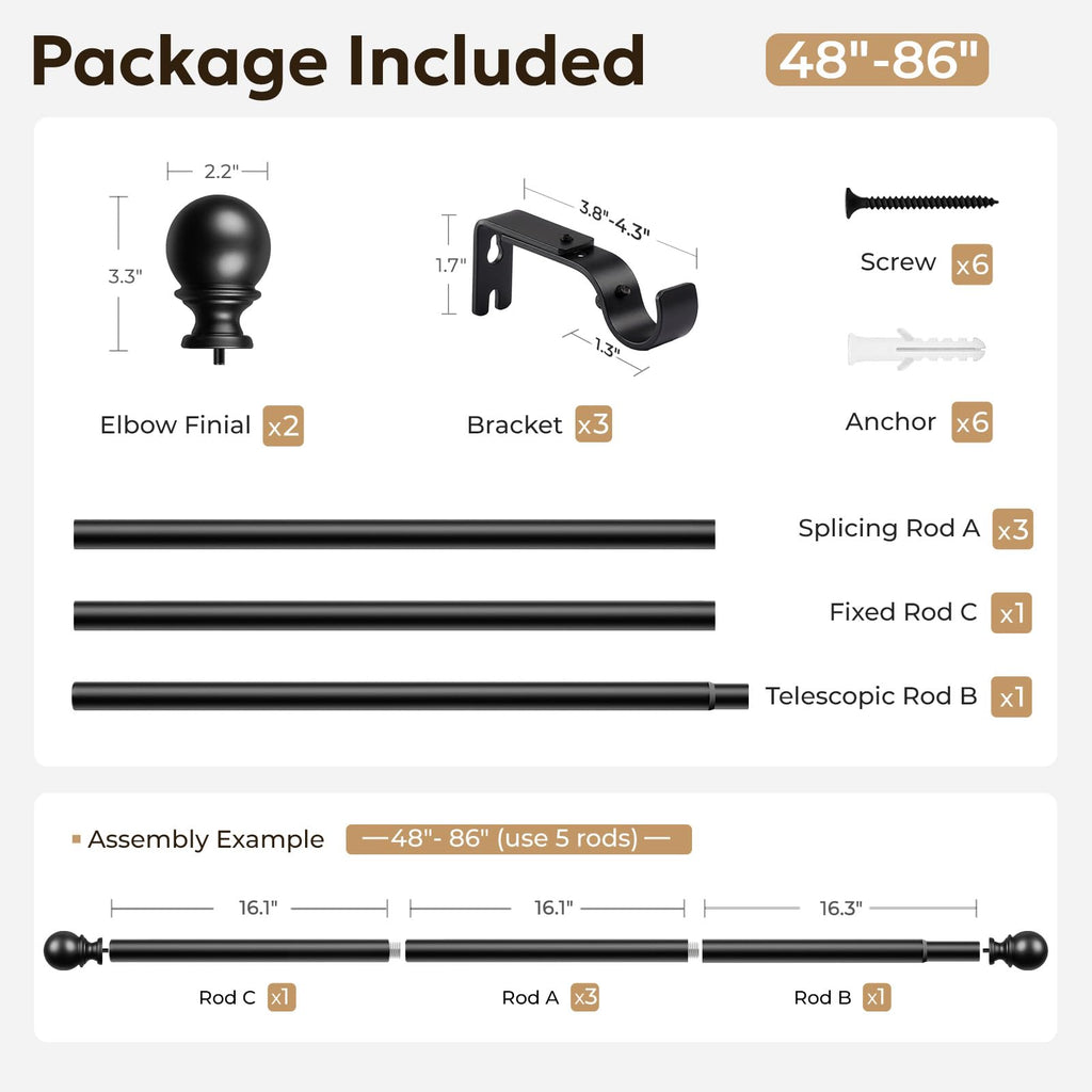 1 Inch Adjustable Curtain Rods for Windows, 32"-86", Black
