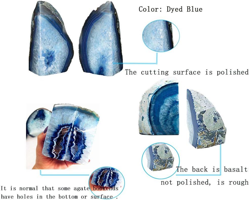 Heavy Blue Agate Geode Bookends Anti-Slip Rubber Pads Decor 6-8 lbs | 1Pair dyed blue crystal bookends Large heavy