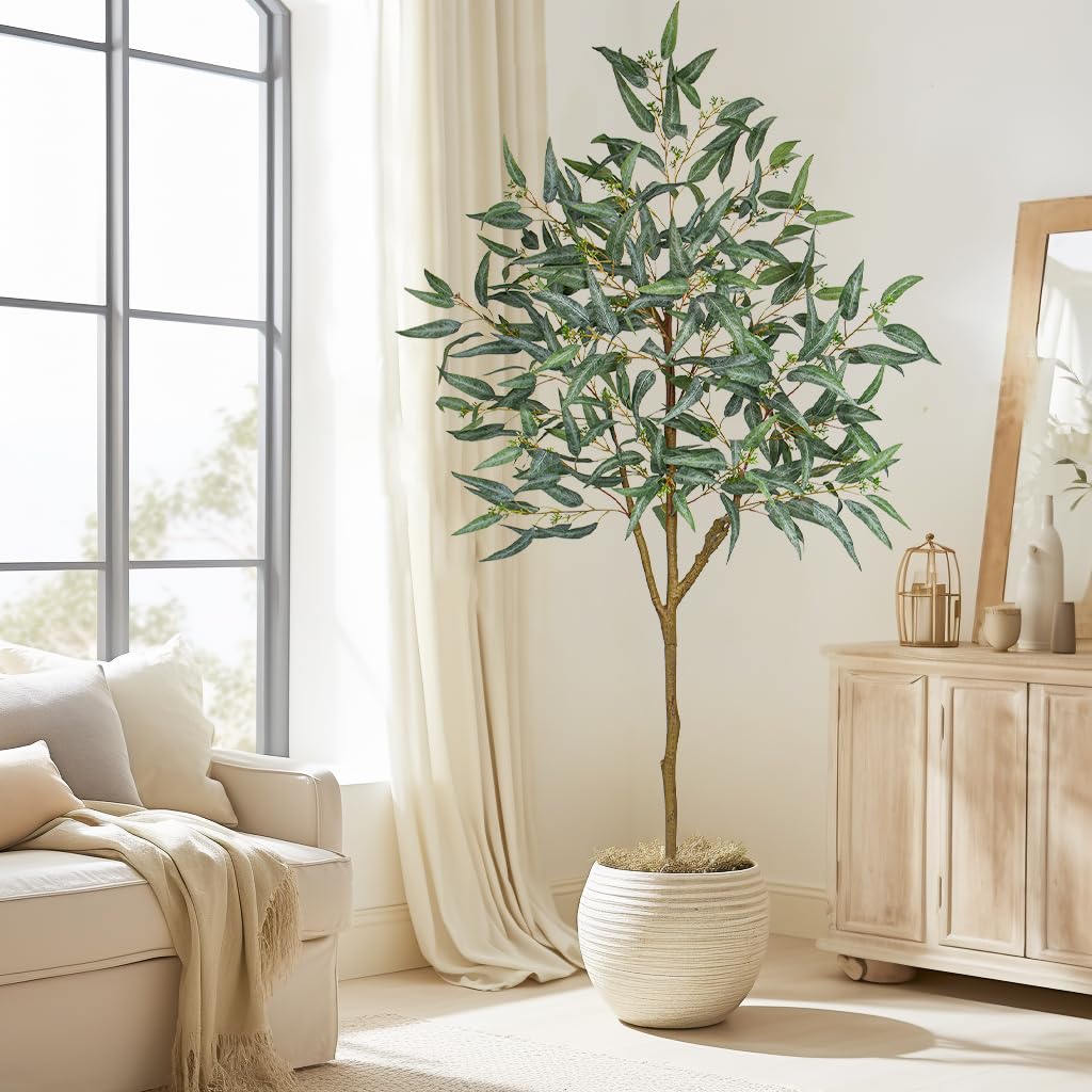 6ft Artificial Eucalyptus Tree in Black Pot, Realistic Silk Potted Floor Plant Eucalyptus Plant Decor Indoor Outdoor