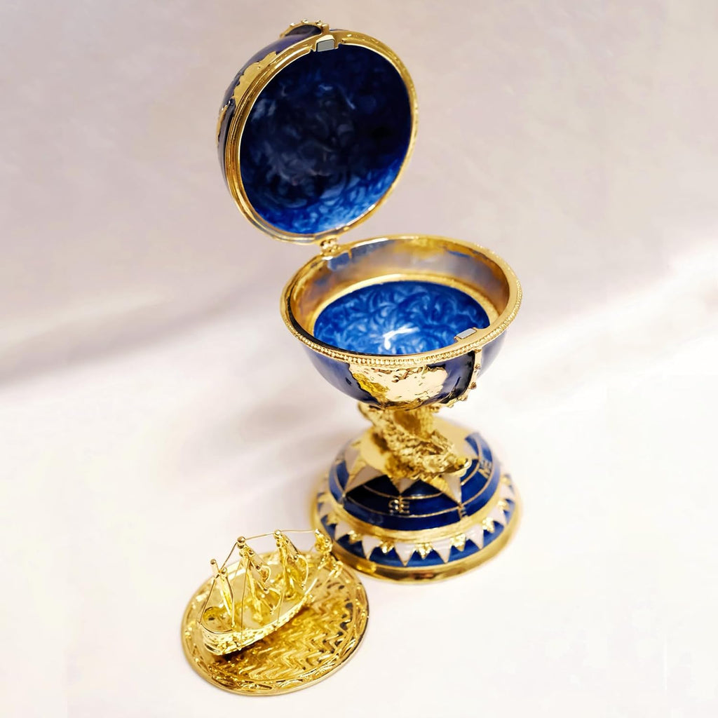 Decorative Globe Jewelry Box, Blue and Gold Enameled Trinket Box, World Map Design