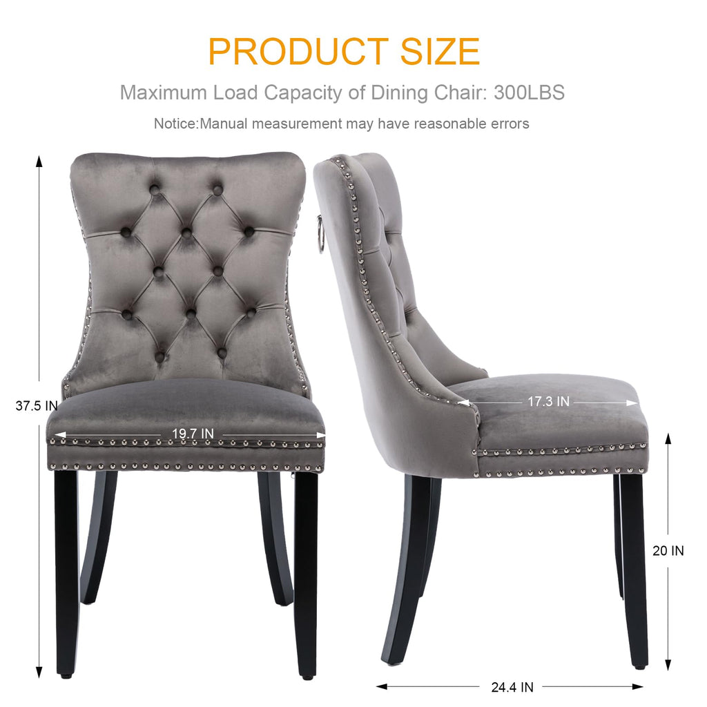 Grey Velvet Dining Chairs Set of 6, Tufted Back with Ring Pull