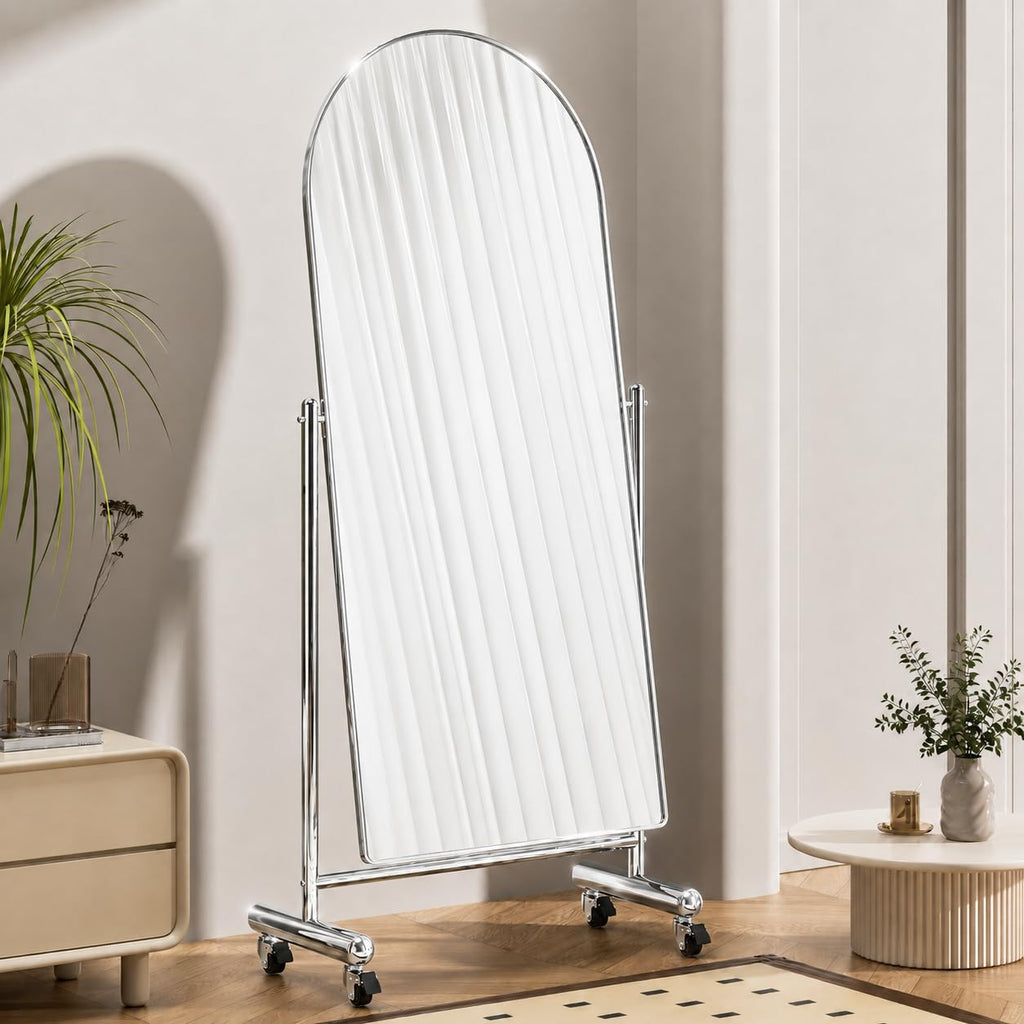 Arched Full Length Mirror with Wheels 65" x 24", Adjustable Tilt Floor Mirror, Tempered Glass Standing Mirror with